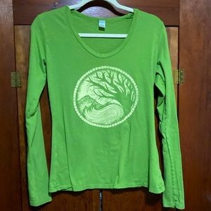 🌲 Green long sleeve boho graphic tee t shirt soul flower L organic cotton tree